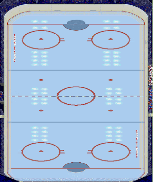 Top-down pixel-art hockey rink with faceoff circles and goals
