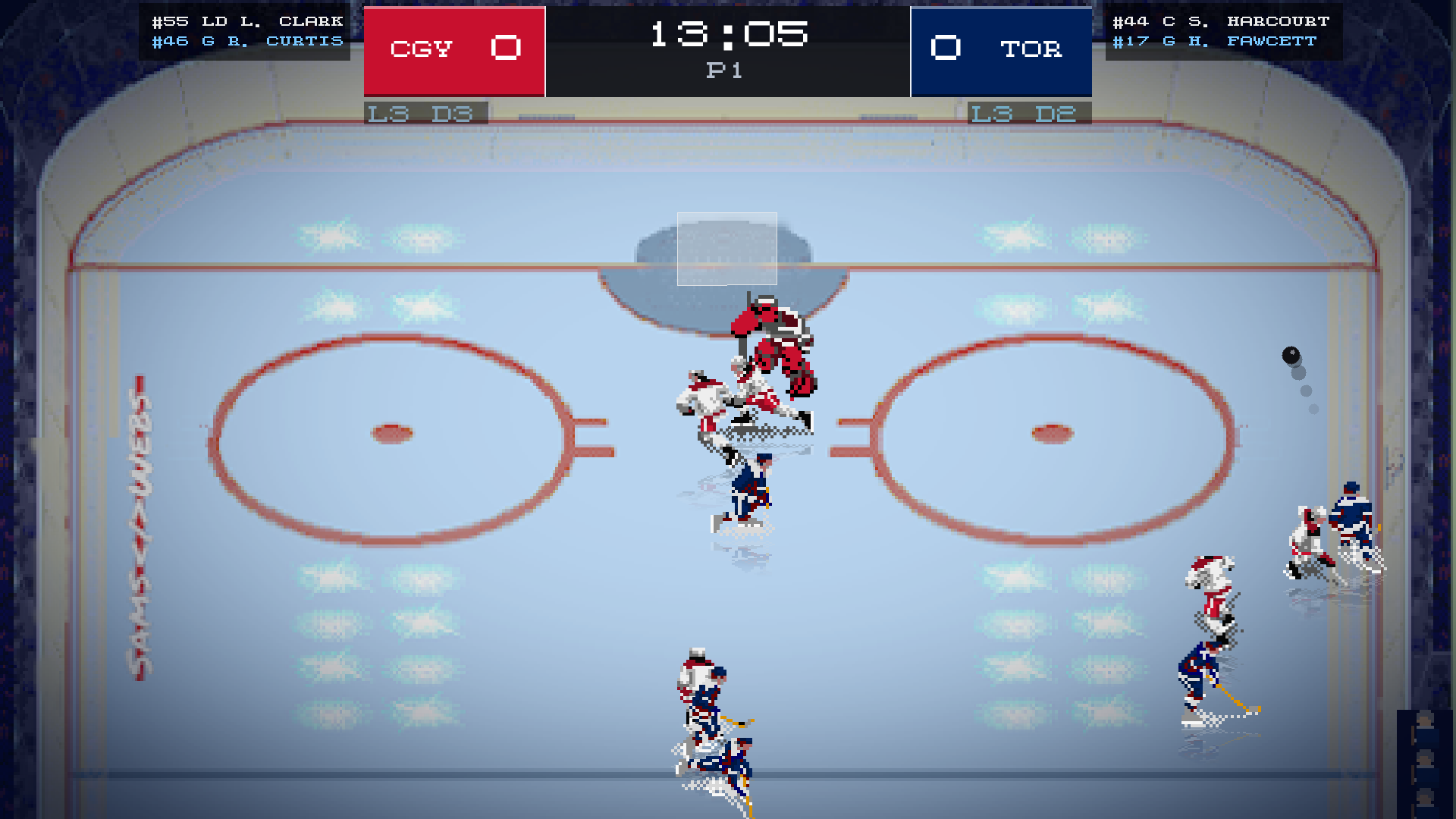 Center Ice Hockey: a top-down pixel-art hockey game, Calgary against Toronto, 13:05 left in the first period, players contesting the puck at centre ice.