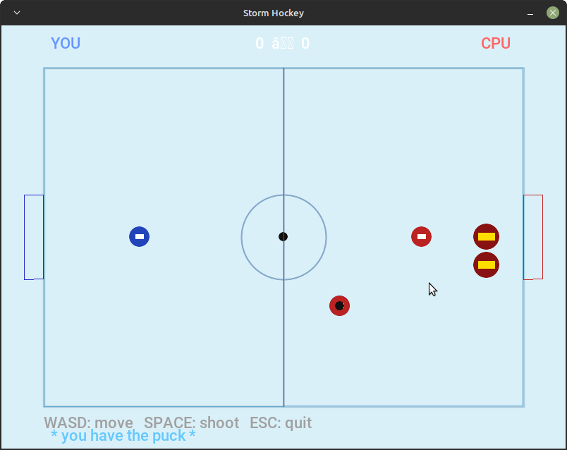 Top-down ice hockey game.