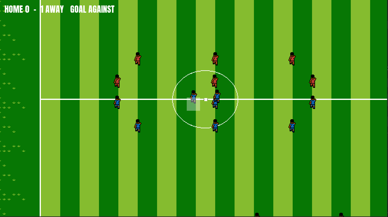 Total Futbol: a top-down pixel-art football pitch in mown stripes, the red and blue sides contesting the ball on the centre circle, the HUD reading HOME 0 - 1 AWAY.